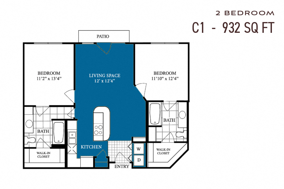 Floor plan for 2 beds, 2 baths, 932 sqft